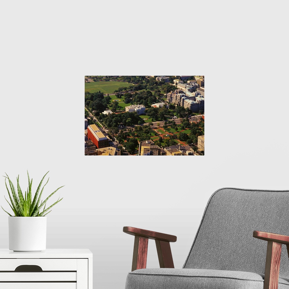 A modern room featuring Aerial view of buildings in a city, White House, Washington DC, USA