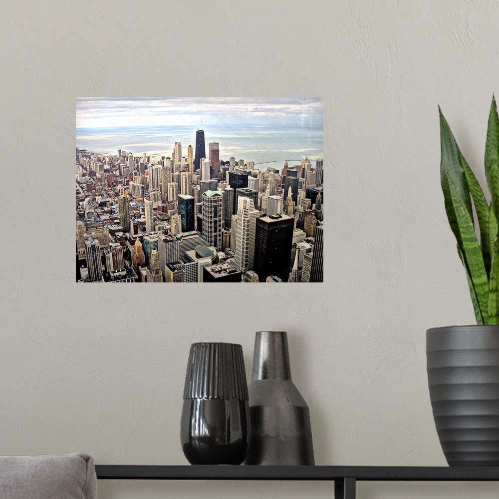 A modern room featuring Aerial view of Chicago downtown