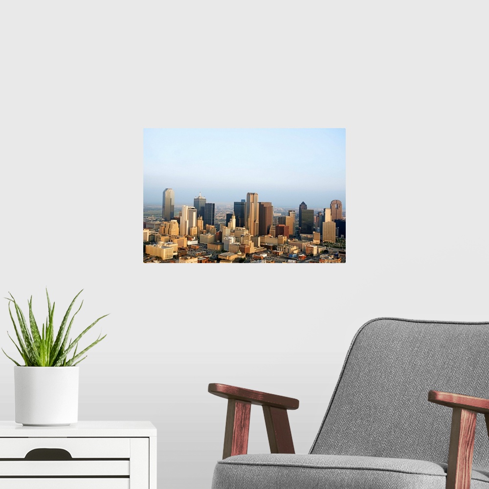 A modern room featuring Aerial view of downtown Dallas, Texas