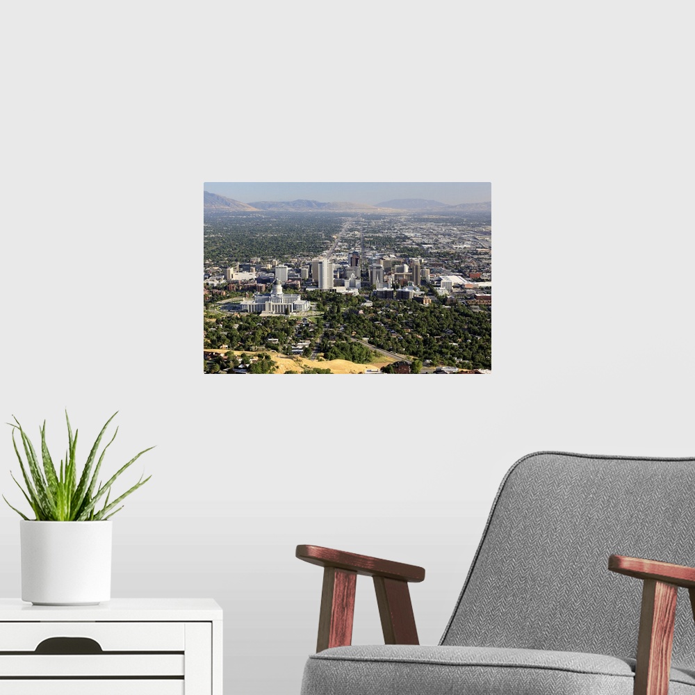 A modern room featuring Aerial view of downtown Salt Lake City, Utah