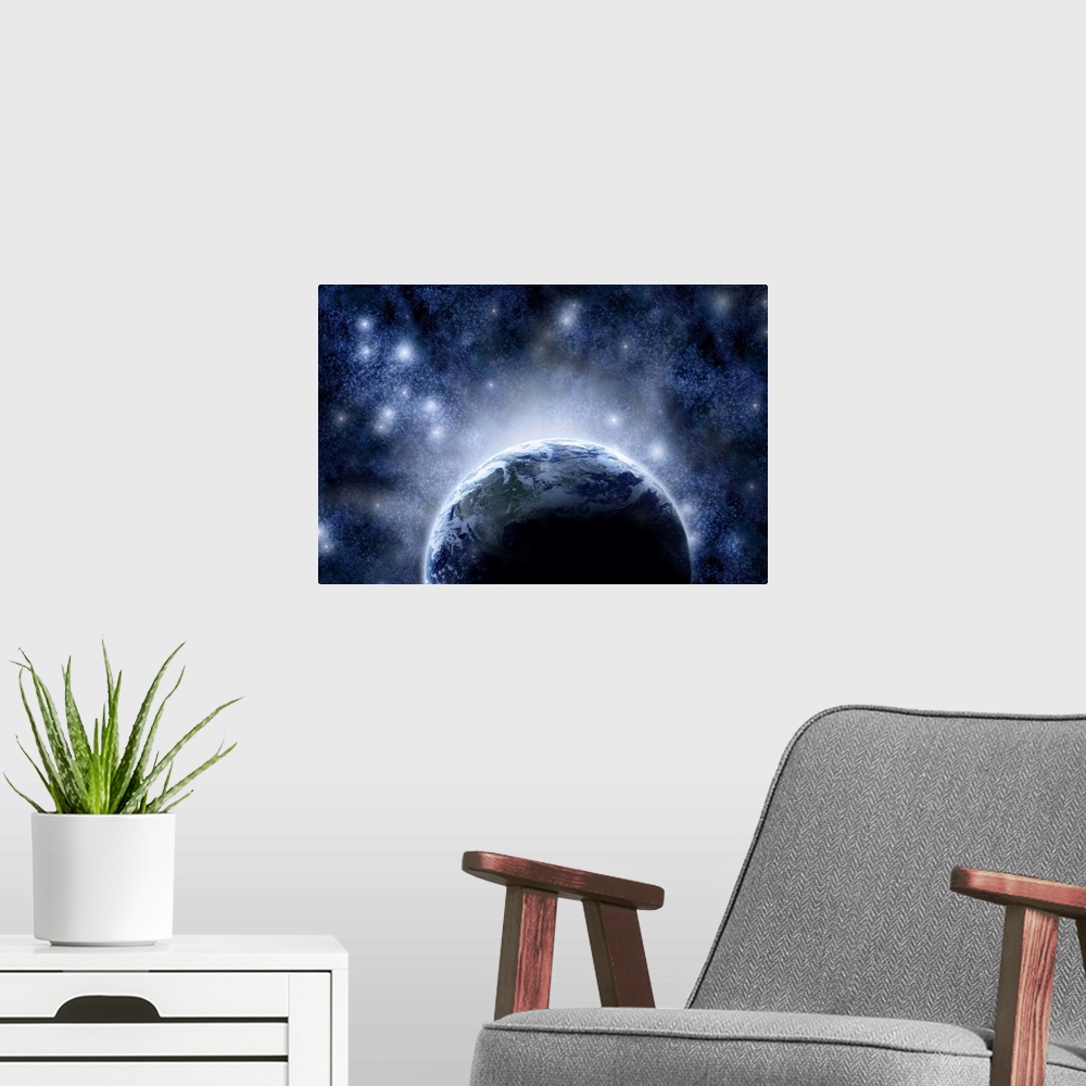 A modern room featuring Airbrushed night sky full of stars around planet earth