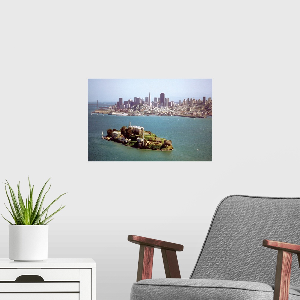 A modern room featuring Alcatraz Island and the San Francisco Bay and skyline of San Francisco, California, USA
