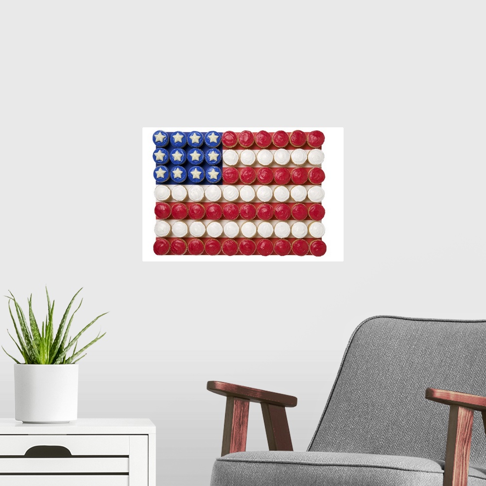 A modern room featuring American flag made of cupcakes
