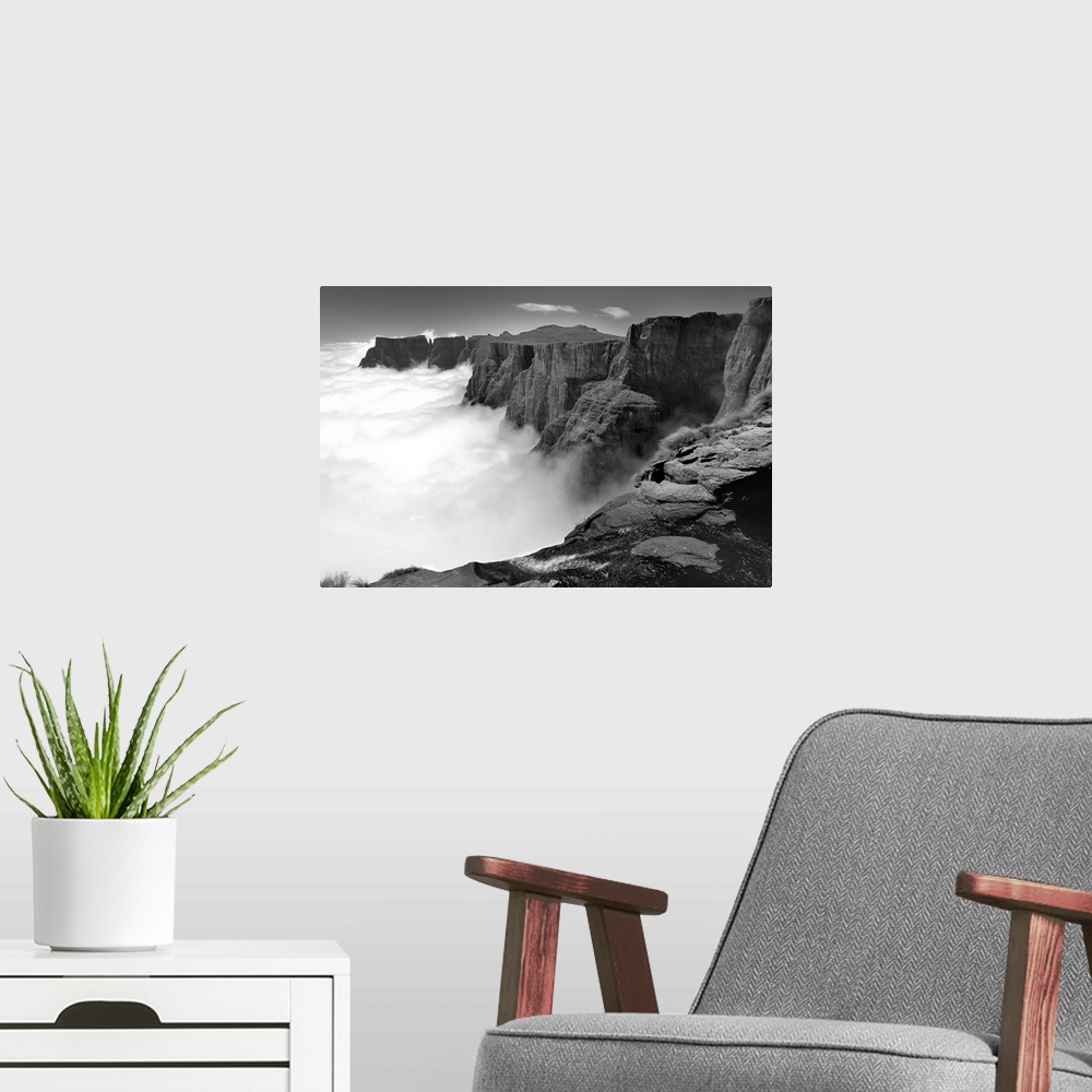 A modern room featuring High angle view black and white view of Amphitheatre range with Tugela Falls in foreground, Drake...