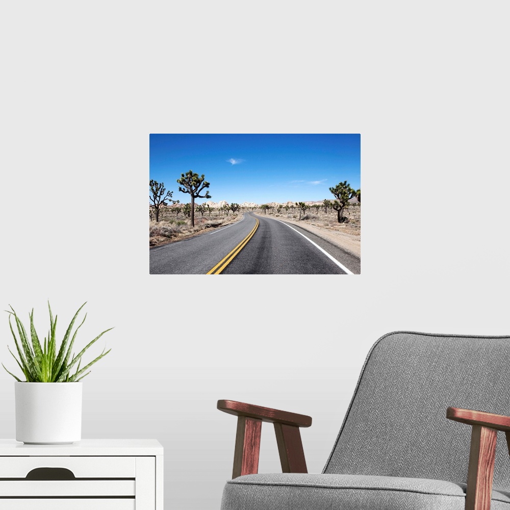 A modern room featuring good looking street in the middle of the dessert leading to hte horizon