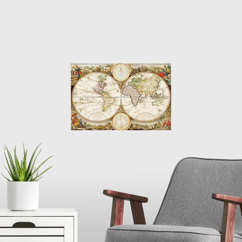 A modern room featuring Antique drawing of the globe. Vintage map with distorted continents and mythical illustrations in...
