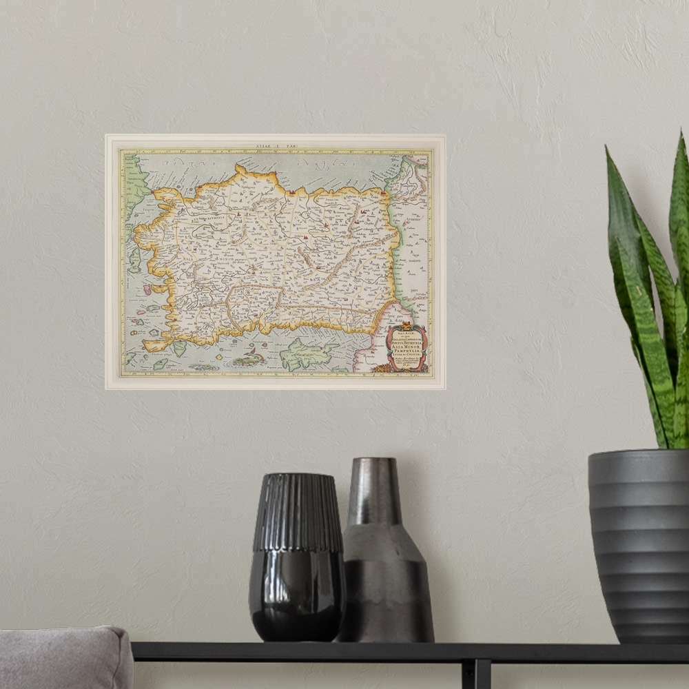 A modern room featuring Antique map of Asia Minor , present day Turkey and Cyprus