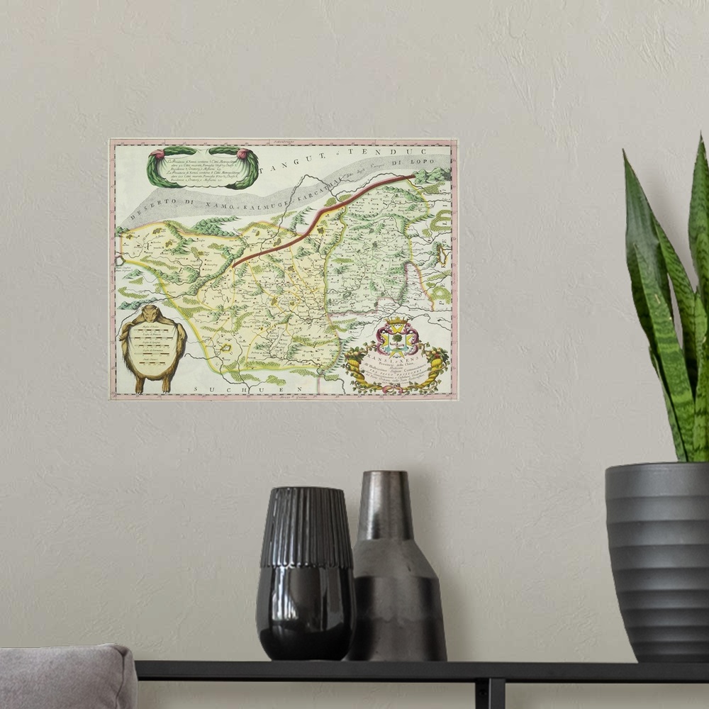 A modern room featuring Antique map of route of Marco Polo