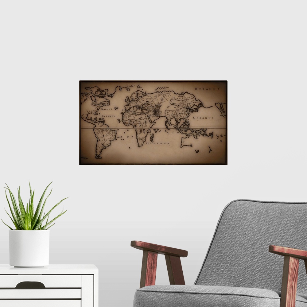 A modern room featuring Antique world map