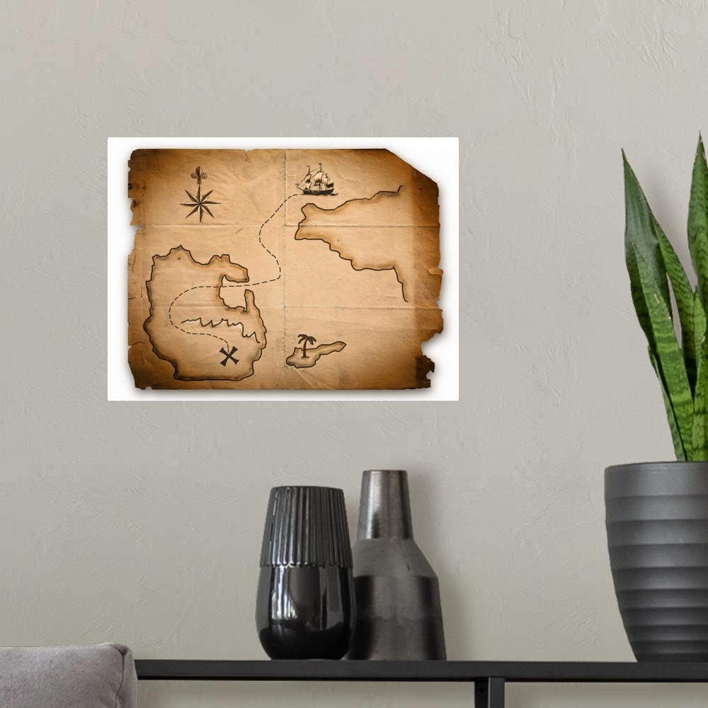 A modern room featuring Close up of antique world map with ship route