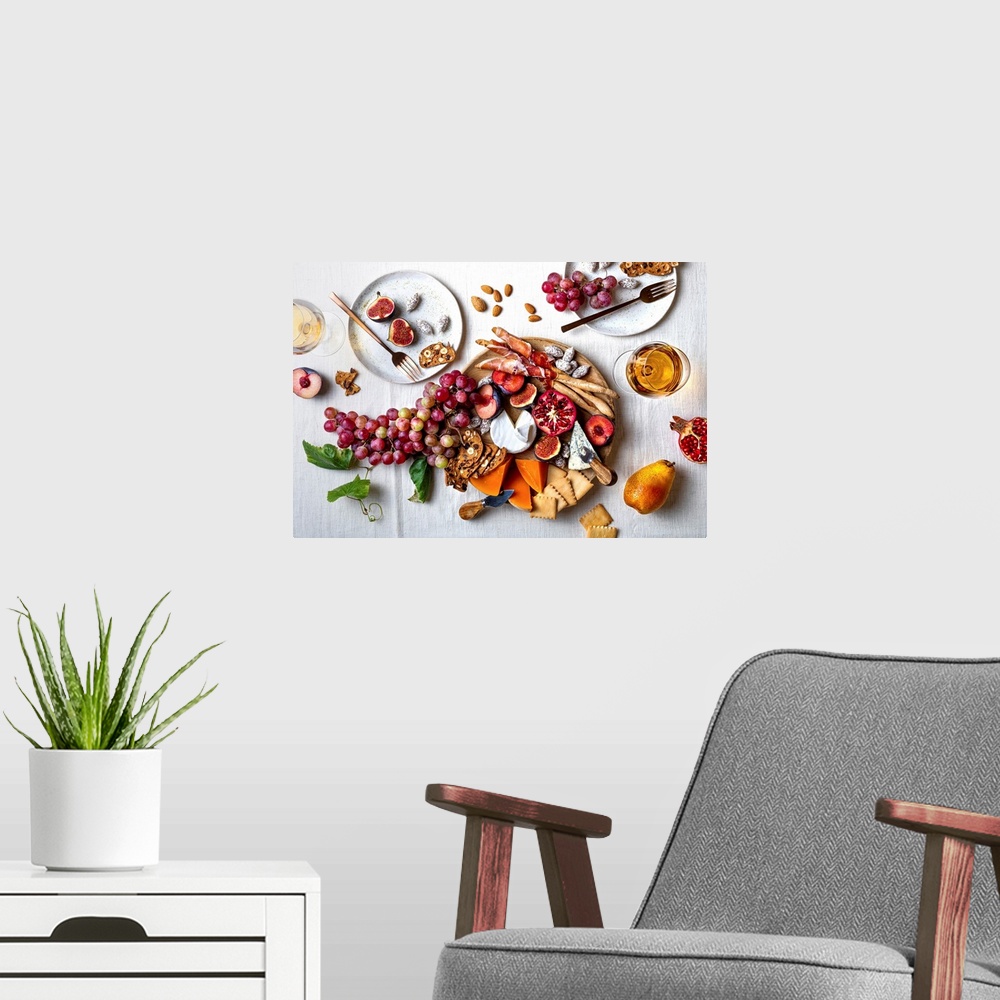 A modern room featuring Appetizers table with Italian antipasti snacks or authentic traditional Spanish tapas set. Fall f...