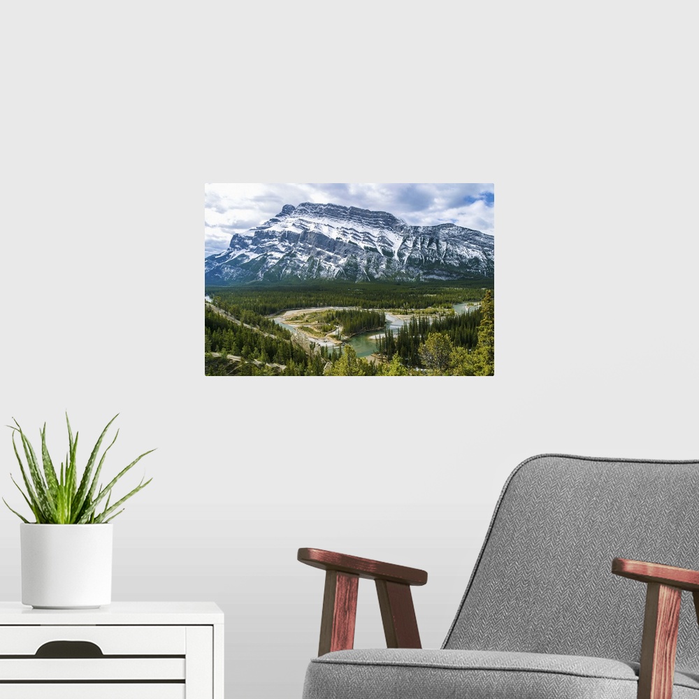 A modern room featuring Banff Hoodoos Viewpoint, with the Bow River below and Mt. Rundle in the background, Banff, Banff ...