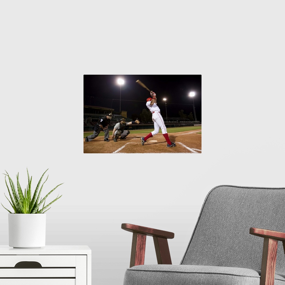 A modern room featuring USA, California, San Bernardino, baseball players with batter swinging