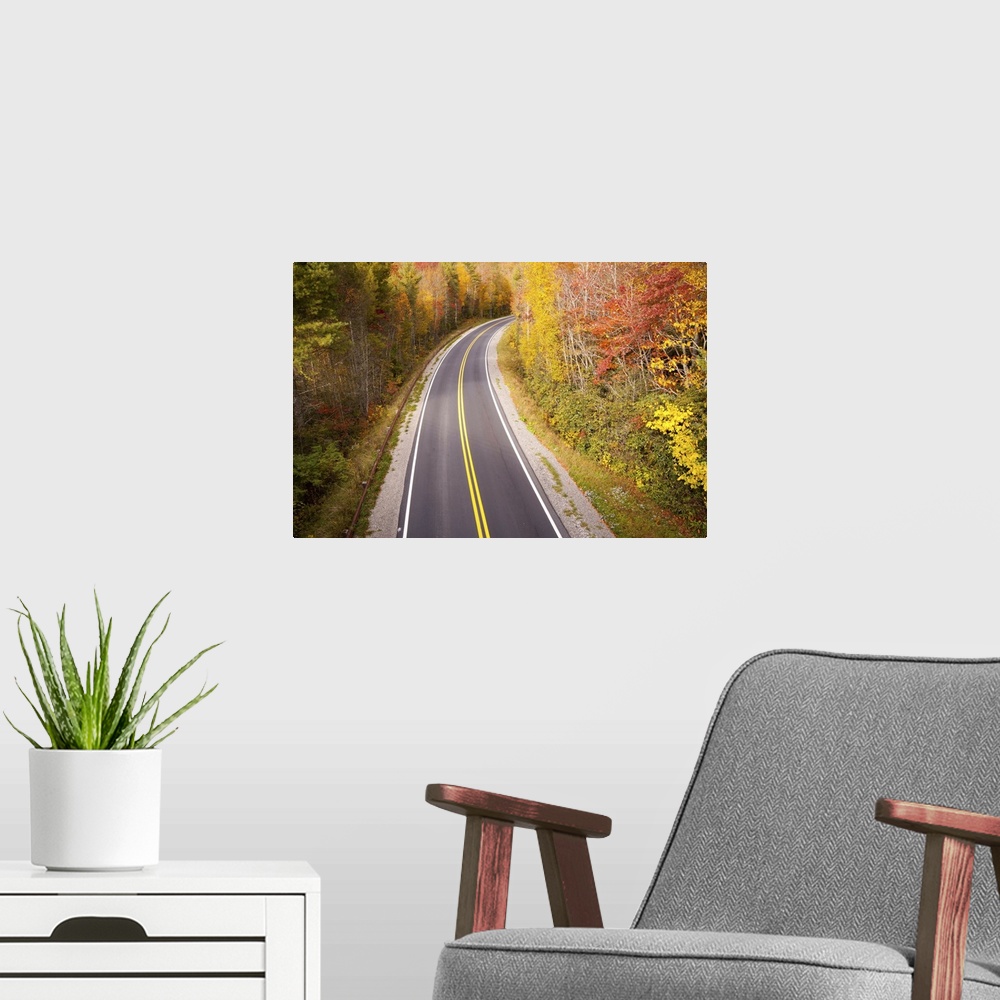 A modern room featuring Beautiful curvy road located in Blue Ridge Parkway, North Carolina during fall season.