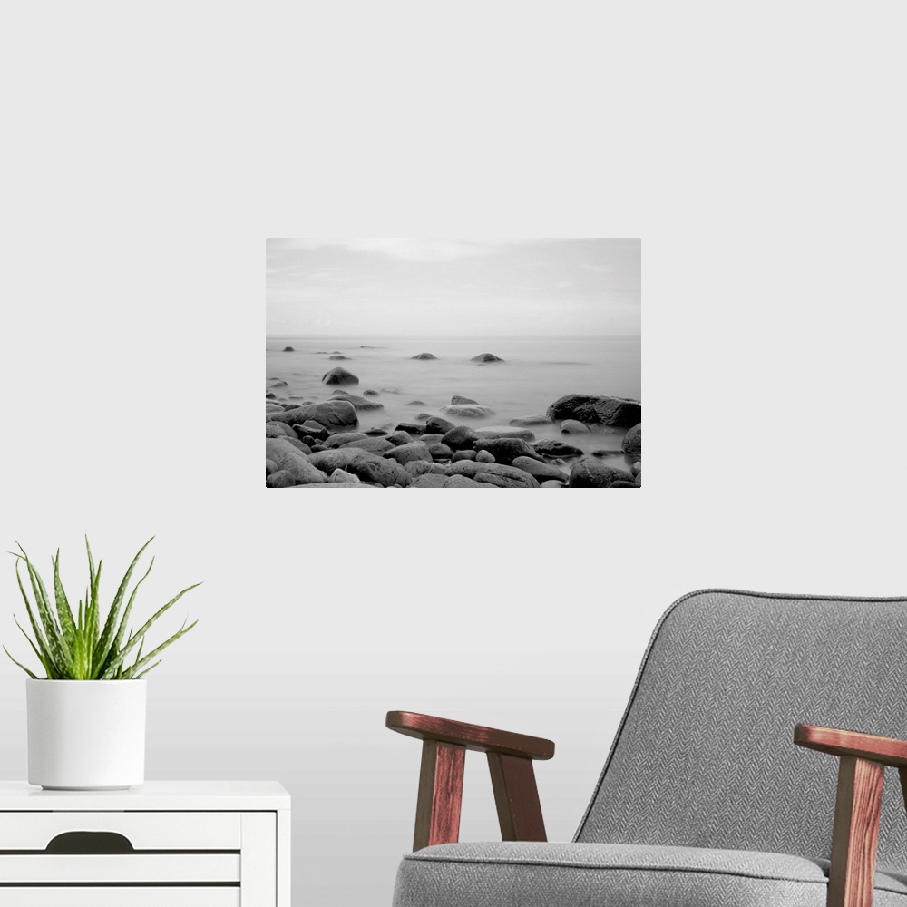 A modern room featuring Black and white long exposure of sea at Rgen, island in baltic sea.