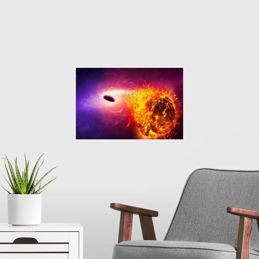 A modern room featuring Illustration of a planet being consumed by a black hole. As the planet approaches the collapsed s...