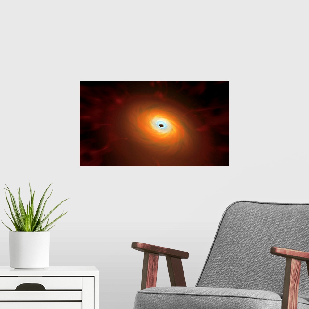 A modern room featuring Black hole, illustration. A black hole is an object (usually a collapsed star) so compact that no...