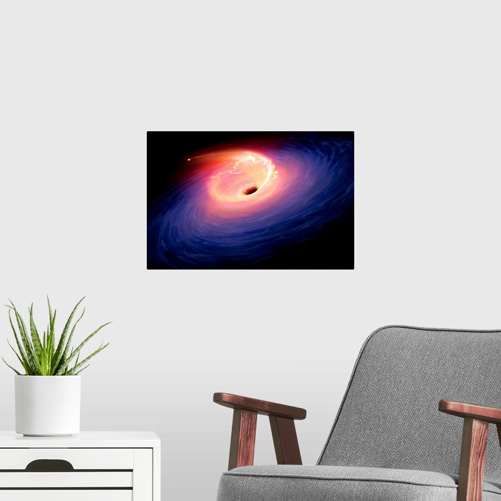 A modern room featuring Artwork depicting a tidal disruption event (TDE). TDEs are causes when a star passes close to a s...