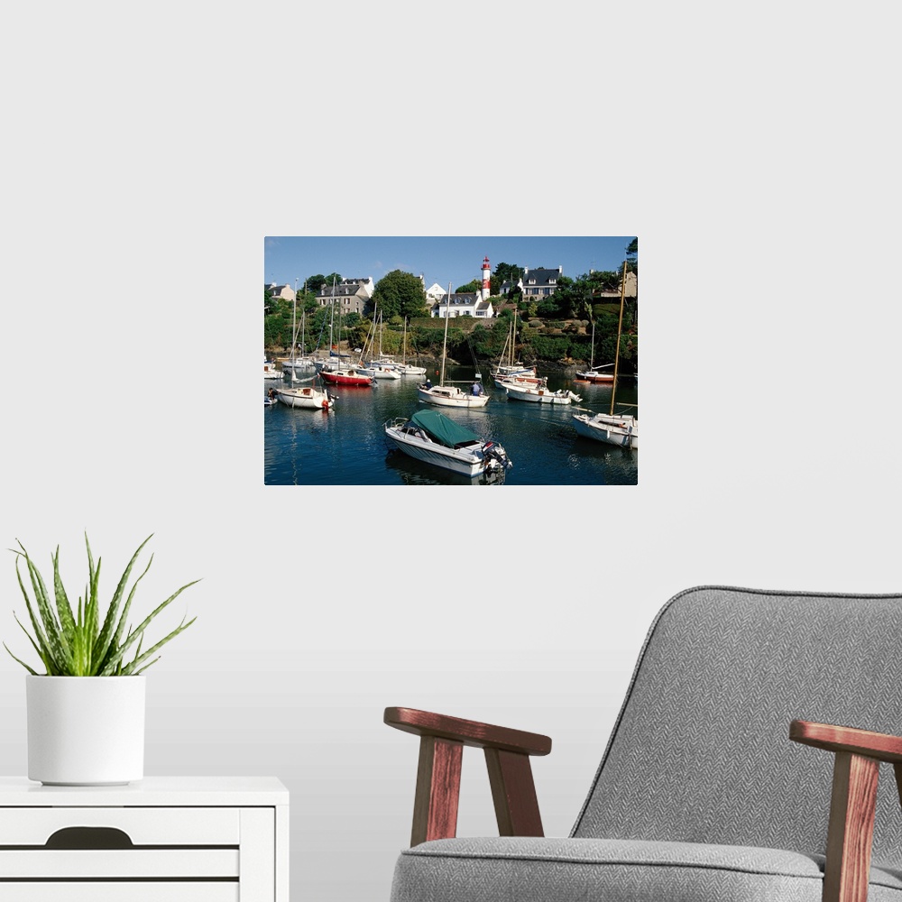 A modern room featuring Boats in harbor