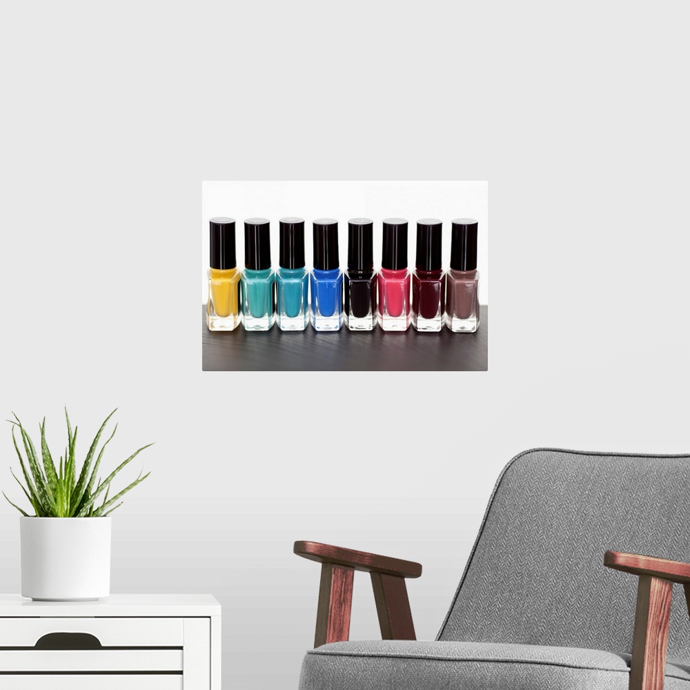 A modern room featuring Bottles of nail polish