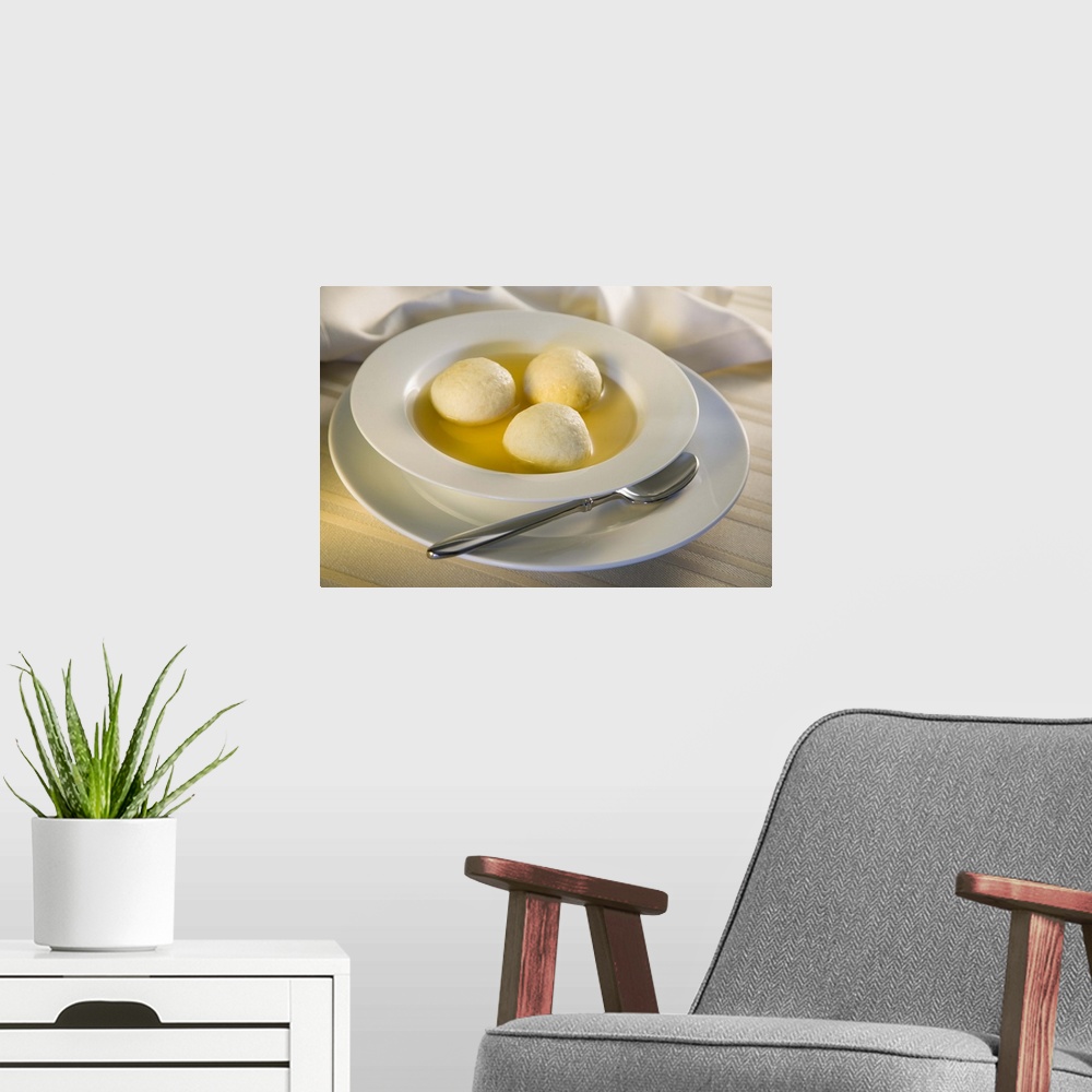 A modern room featuring Bowl of matzah ball soup