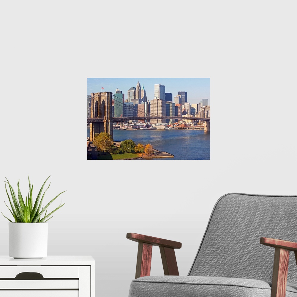 A modern room featuring Photograph of iconic overpass with city skyline in the background.