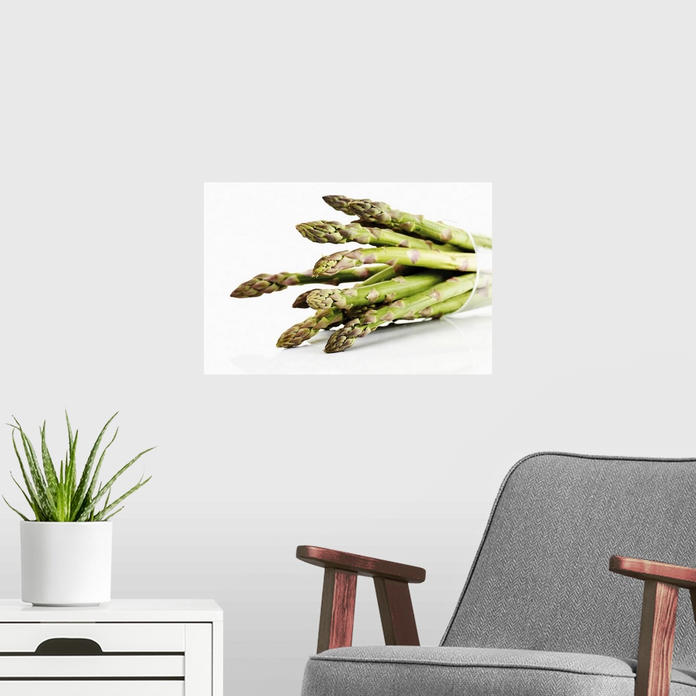 A modern room featuring Bunch of asparagus in beaker, close-up