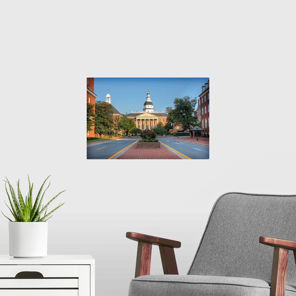 A modern room featuring Maryland state house with dome and government buildings in downtown historic Annapolis.