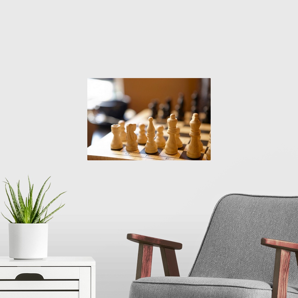 A modern room featuring Chessboard with chess pieces