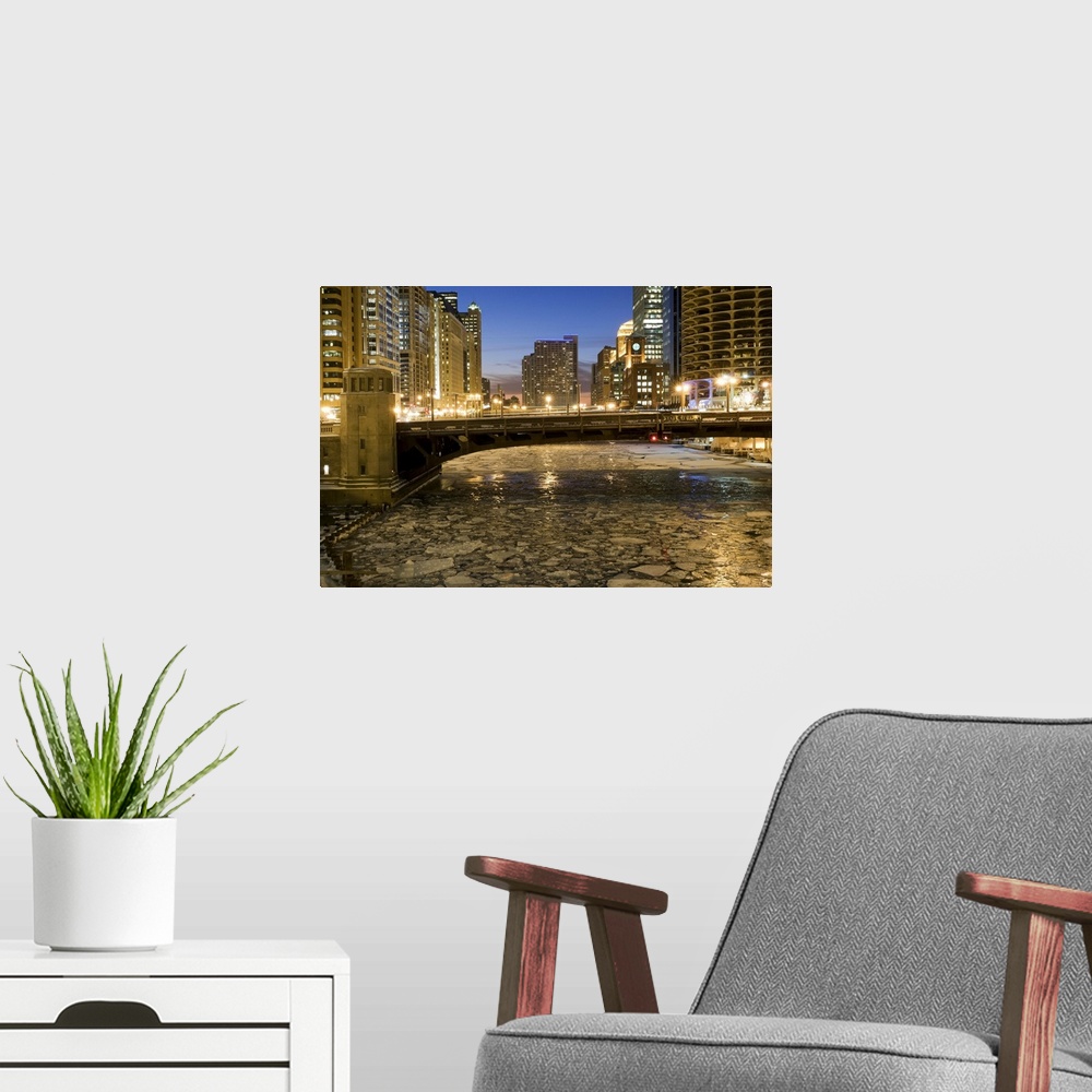 A modern room featuring Looking down the frozen Chicago River at dusk.