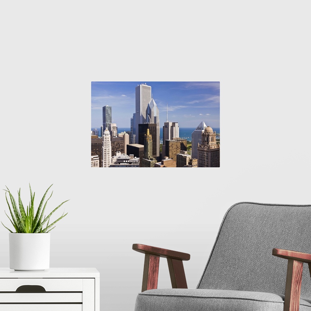 A modern room featuring Chicago Skyline Looking towards lake Michigan