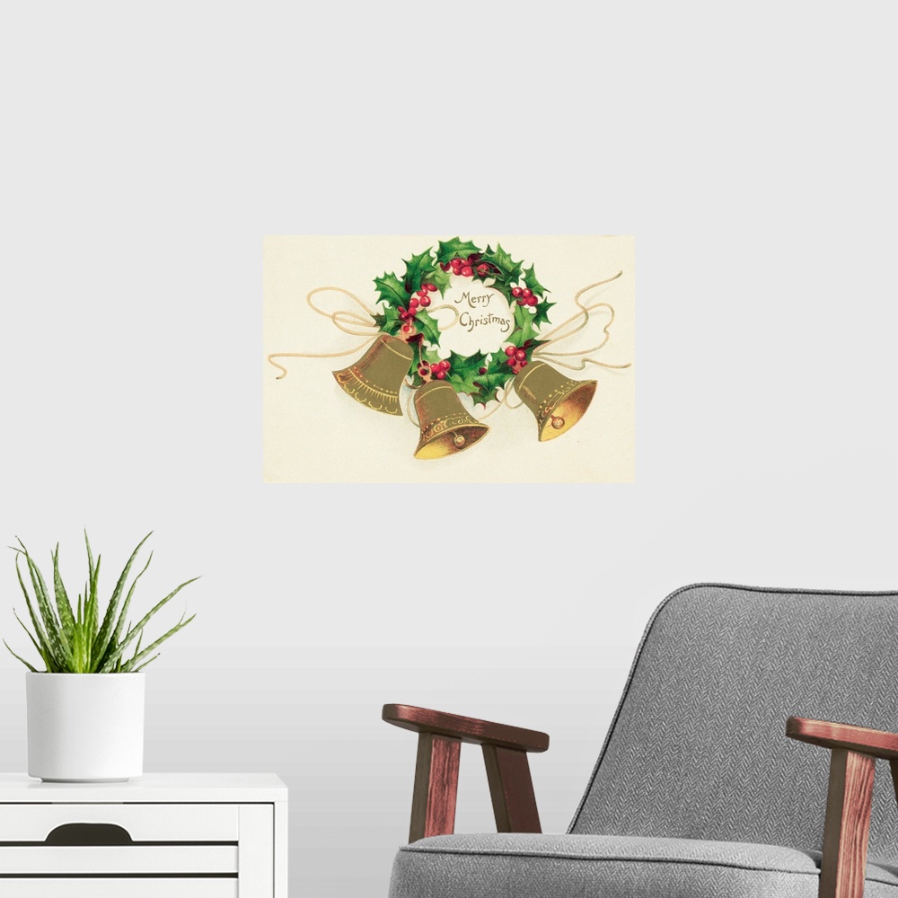 A modern room featuring Christmas postcard: A trio of bells hang from a wreath of holly surrounding a caption reading Mer...