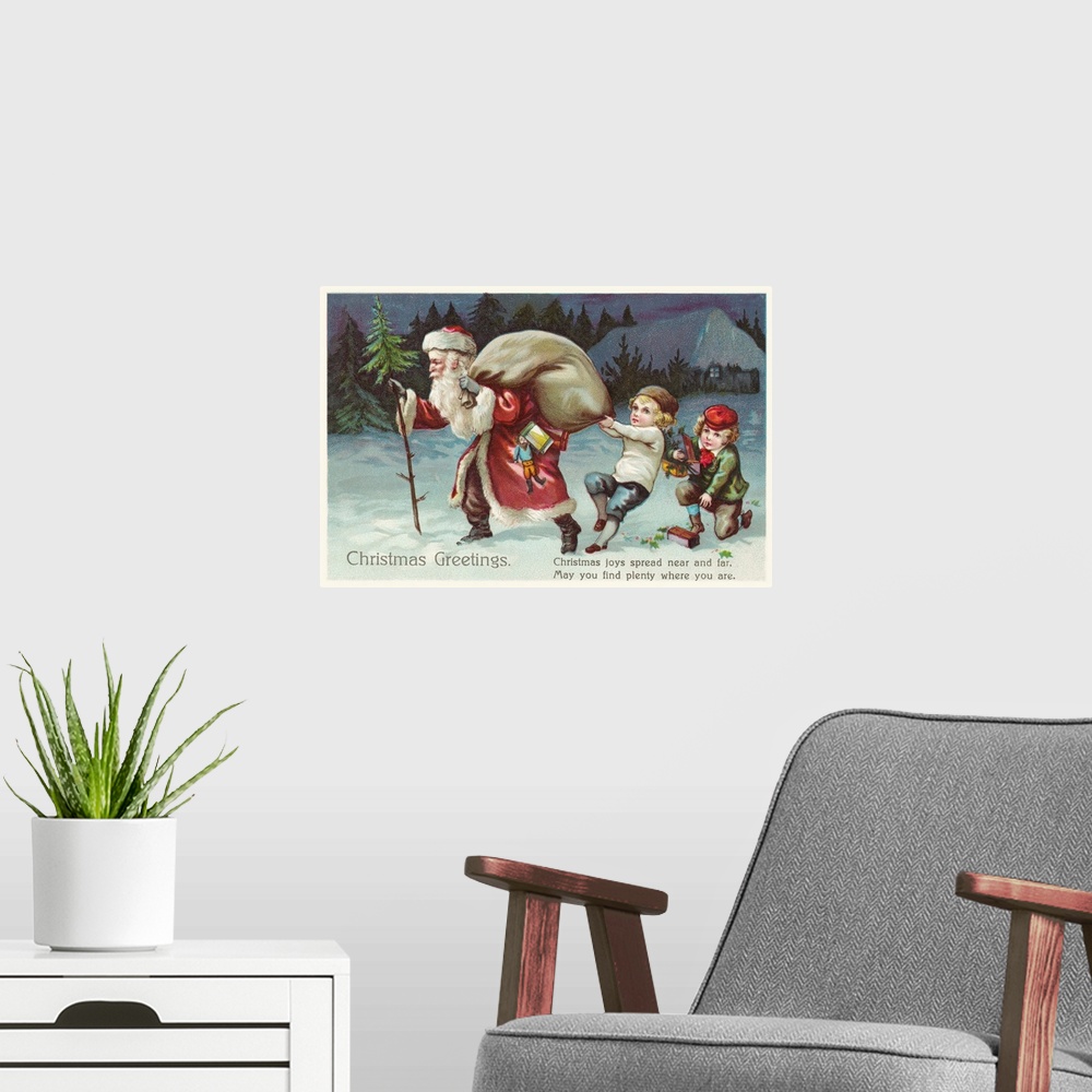A modern room featuring Christmas Greetings Postcard With Santa Claus And Two Children