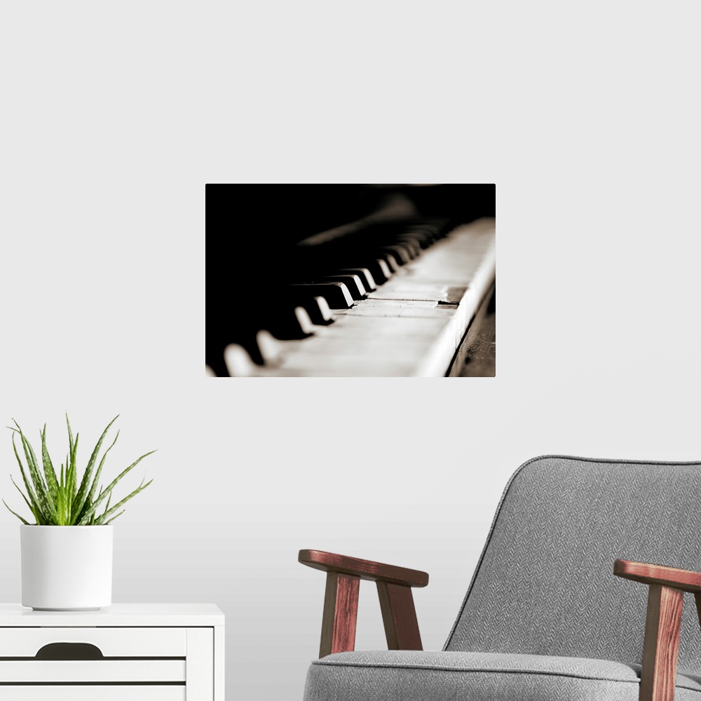 A modern room featuring Close up of keys of old piano.