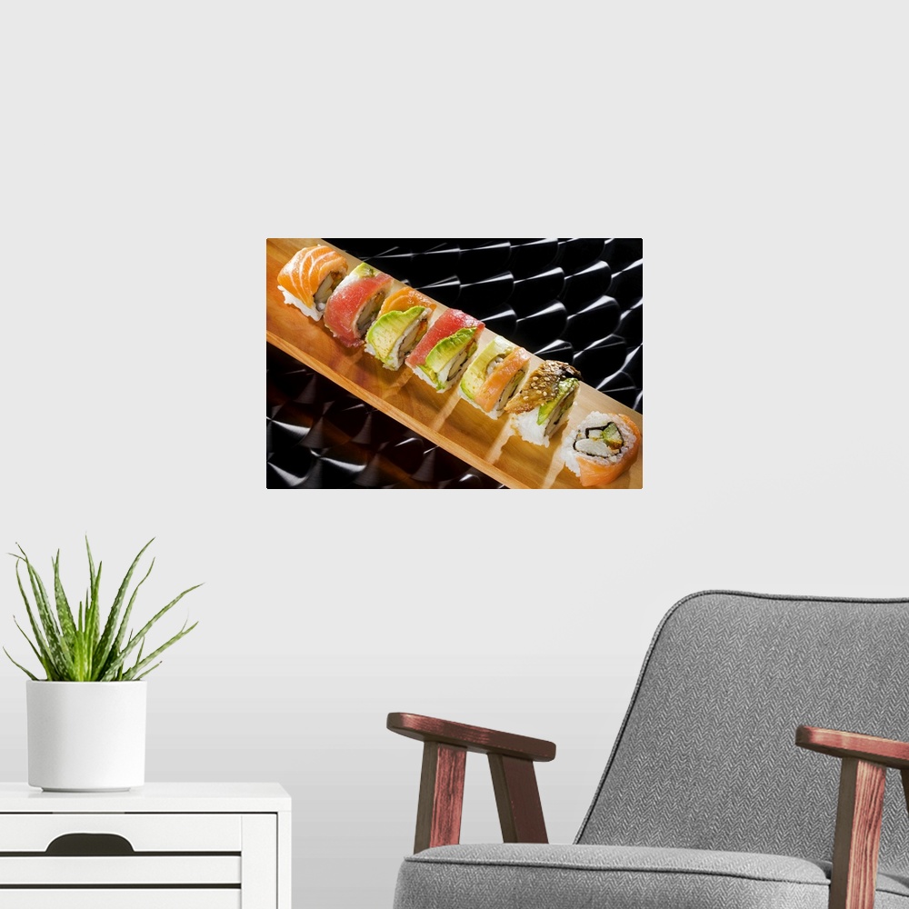 A modern room featuring Close-up of Nigiri sushi
