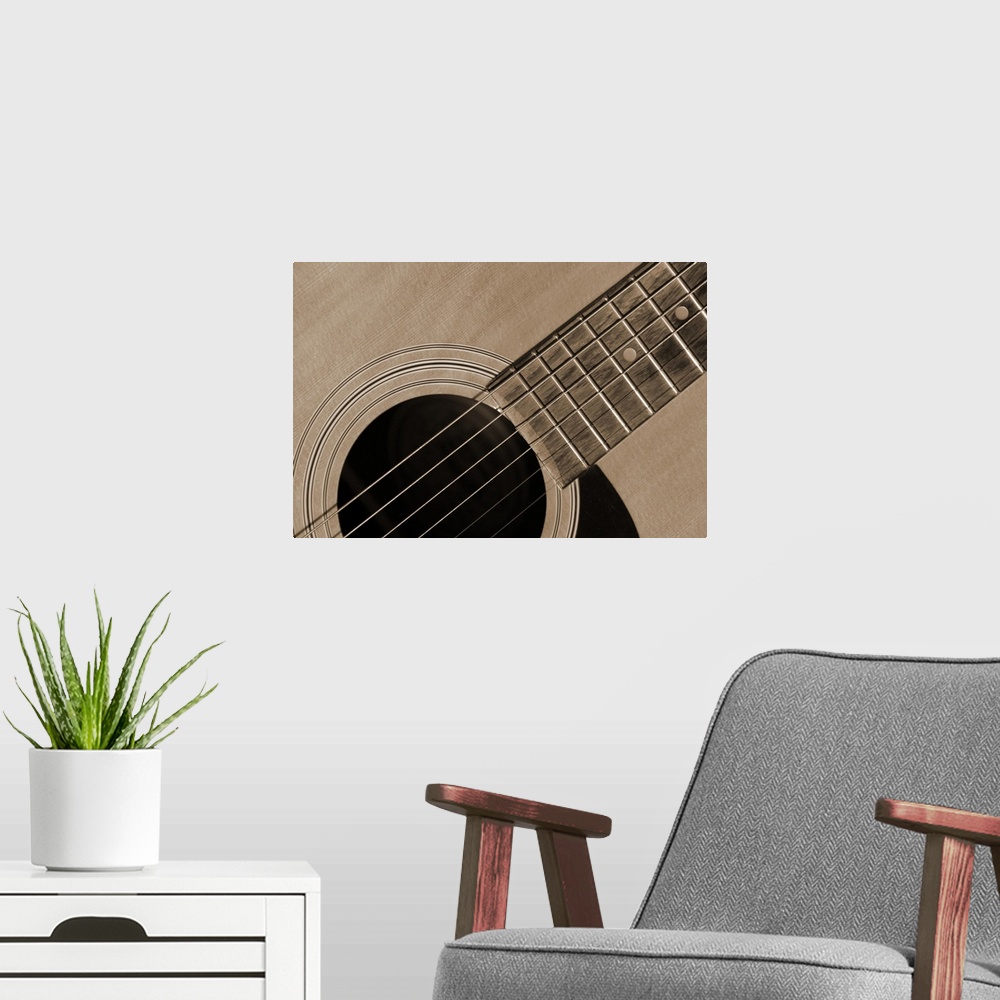 A modern room featuring Closeup of guitar