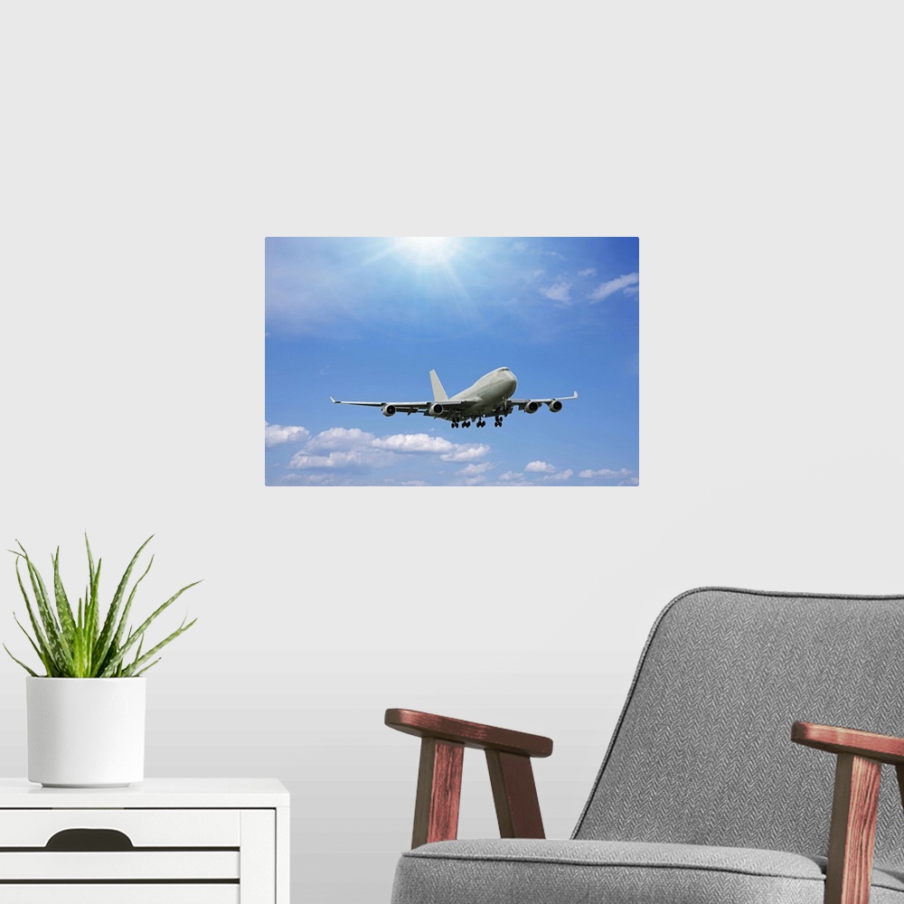 A modern room featuring Commercial airplane in flight
