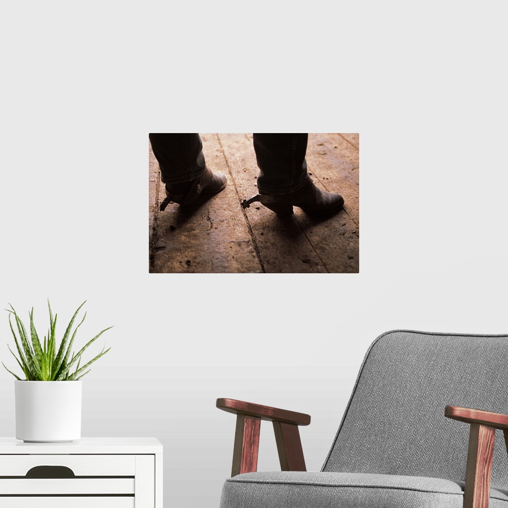 A modern room featuring Cowboy boots with spurs on boardwalk at Fairplay, Colorado