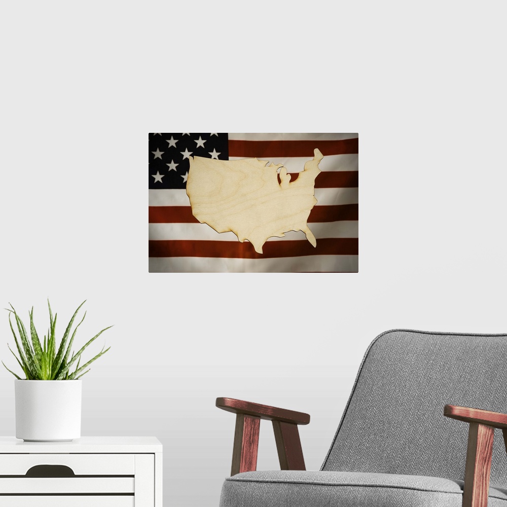 A modern room featuring Cut-Out Map of America made of wood