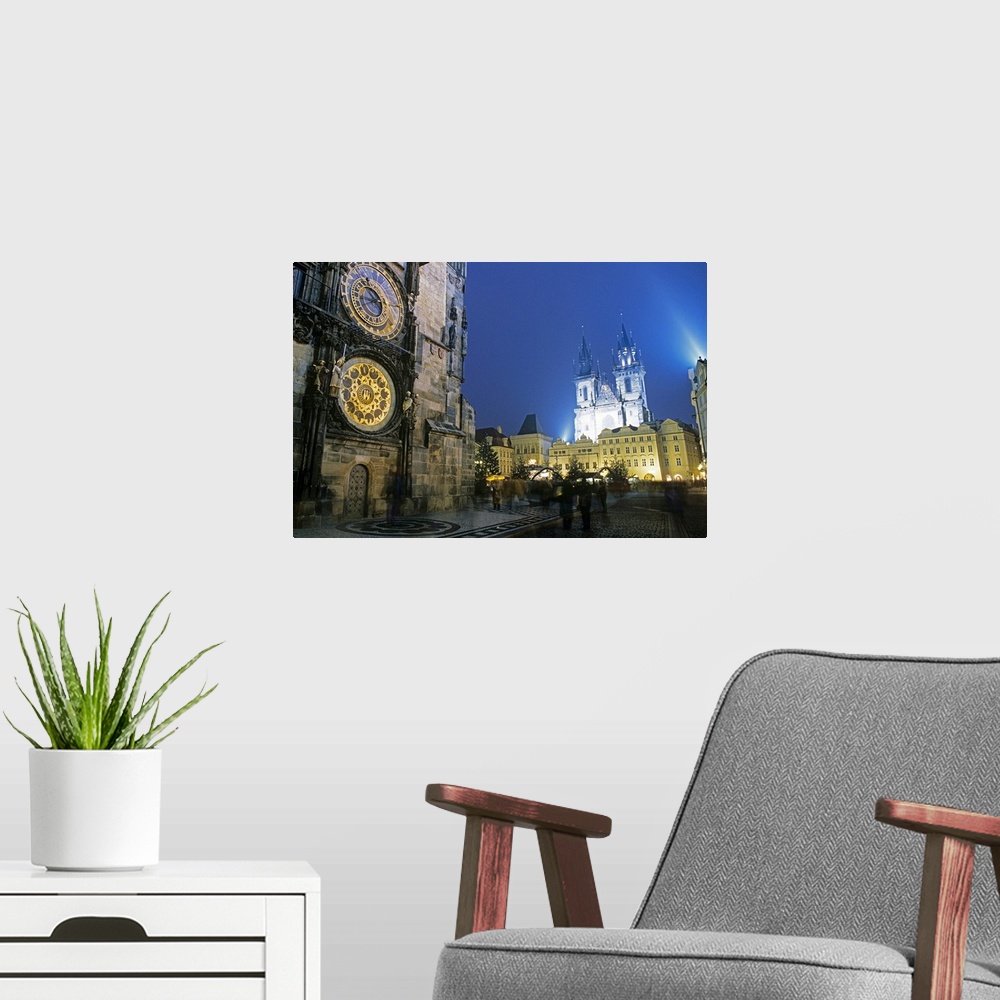 A modern room featuring Czech Republic, Prague, Old town square and church of Our Lady and Town Hall Horologe at night