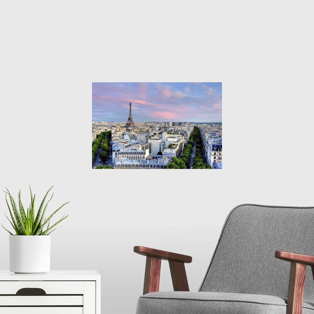 A modern room featuring Eiffel Tower at sunset, from Arc de Triomphe.