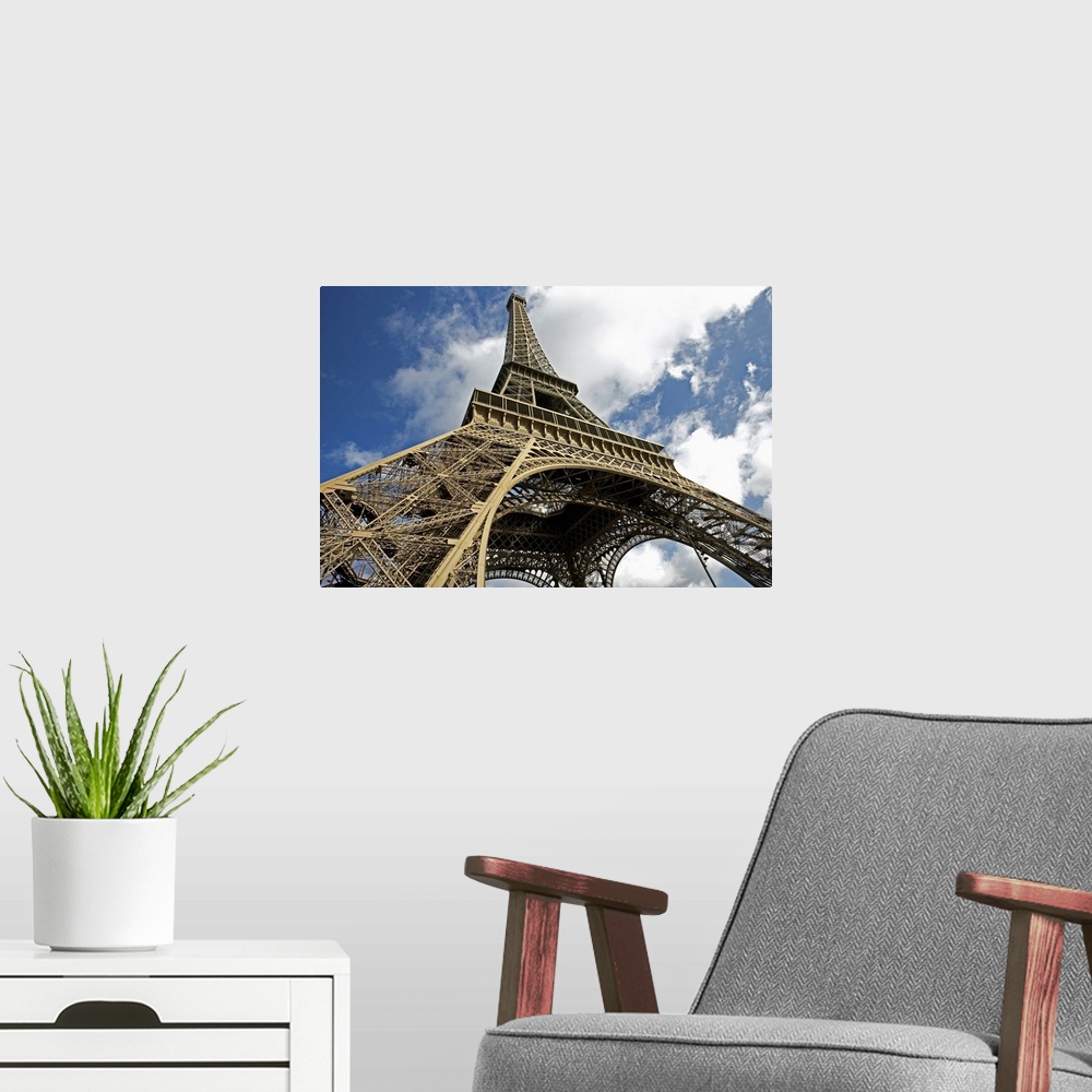 A modern room featuring Eiffel Tower on sunny day