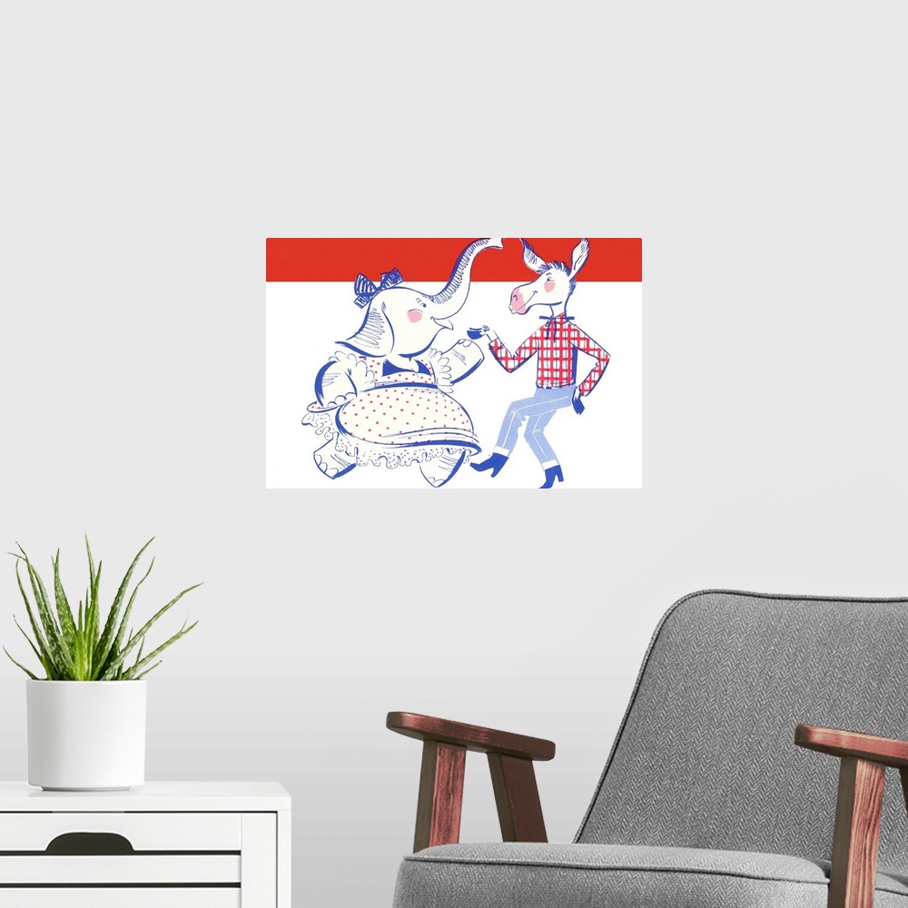 A modern room featuring Elephant Dancing With Donkey Political Poster