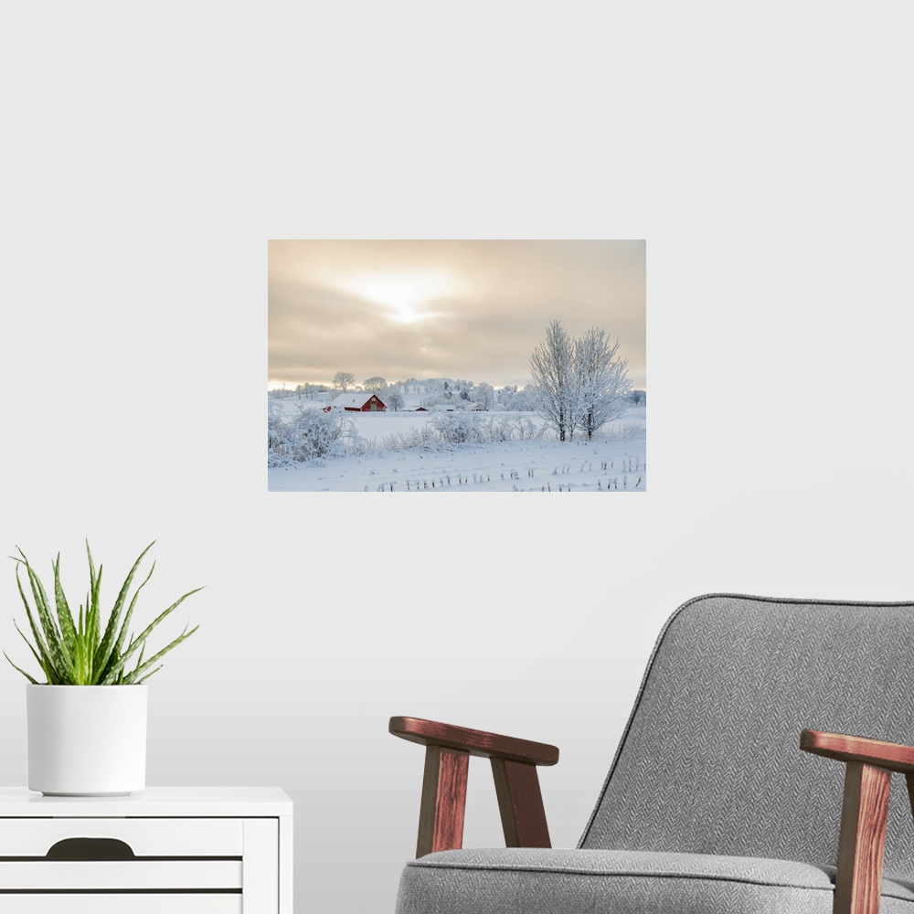A modern room featuring Farm In A Rural Winter Landscape With Snow And Frost