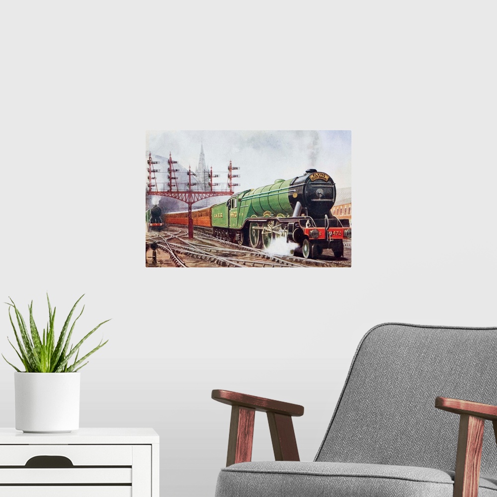 A modern room featuring Flying Scotsman, first of Nigel Gresley's class A1 LNER Pacific steam locomotives, hauls the 10a....