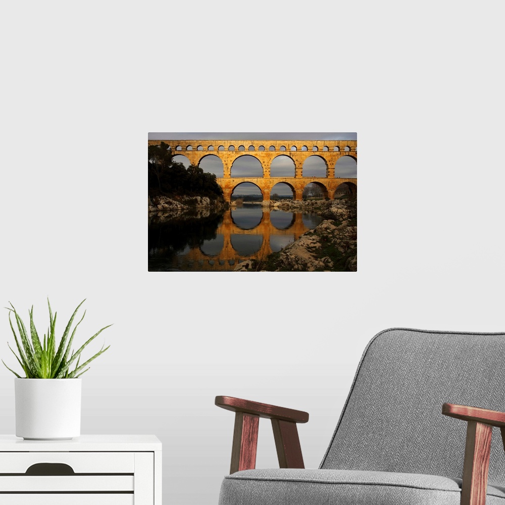A modern room featuring France,Languedoc Roussillon,pont du Gard over river Gardon.