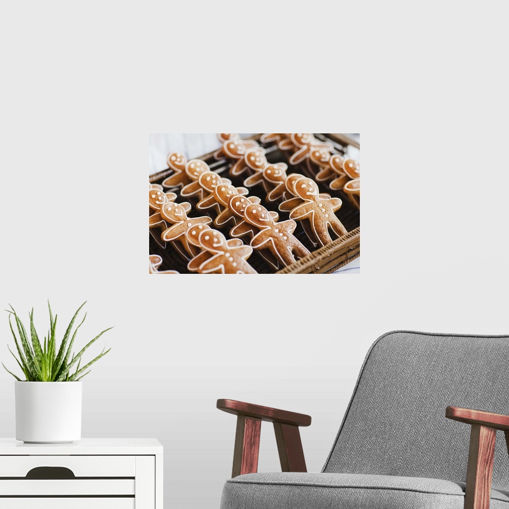 A modern room featuring Close up of gingerbread men cookies