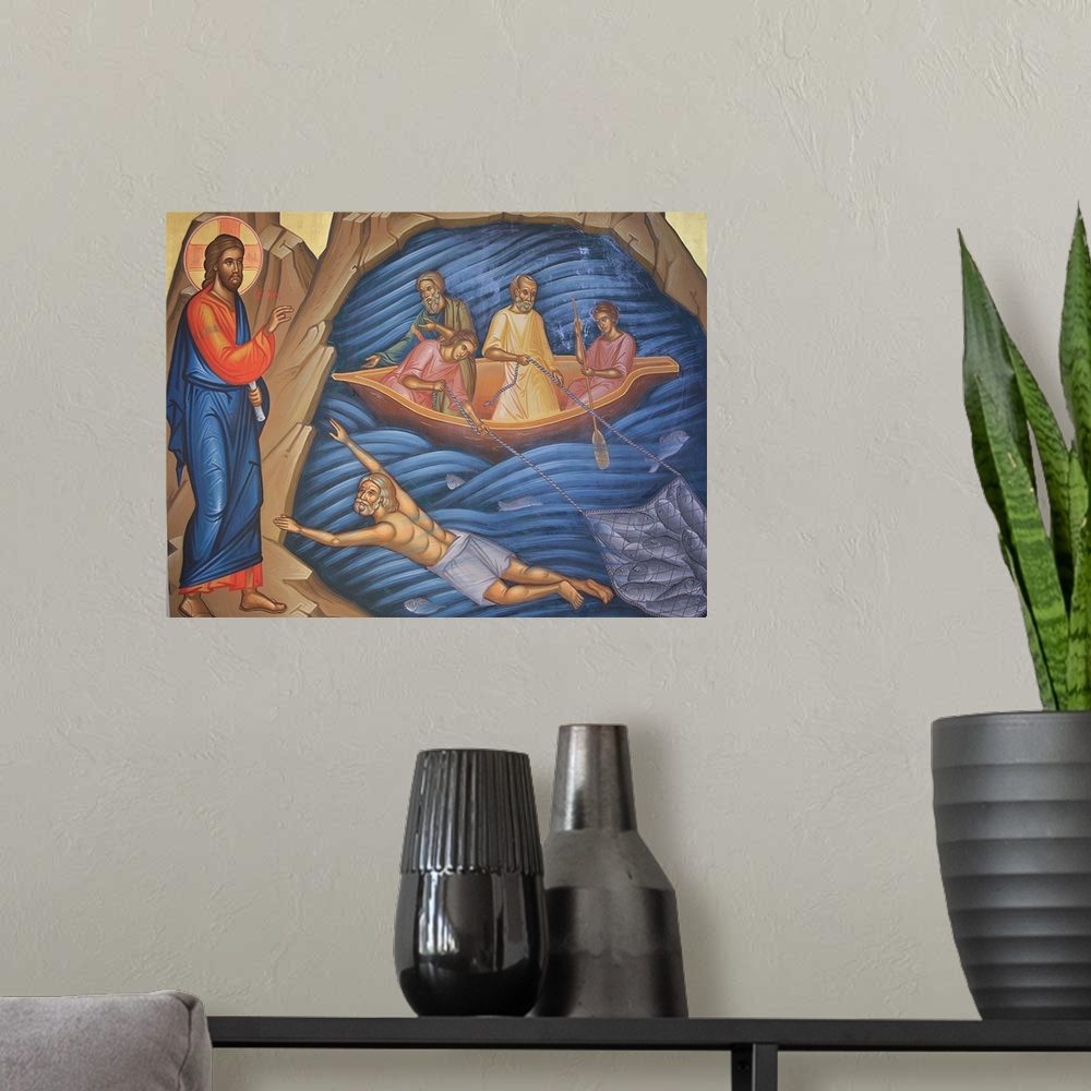A modern room featuring Greek Orthodox Fresco Depicting The Miracle Of The Fish