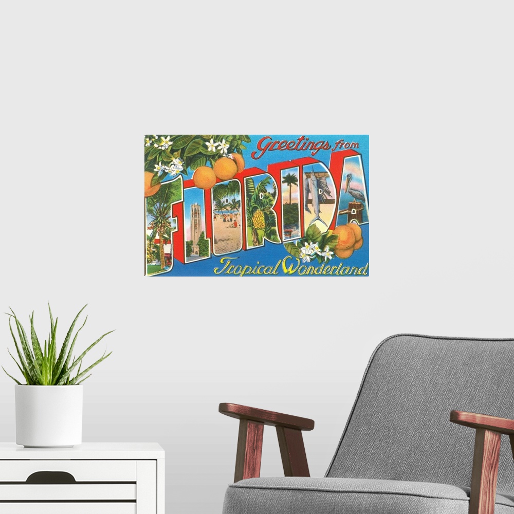 A modern room featuring Greetings from Florida, Tropical Wonderland, large letter vintage postcard