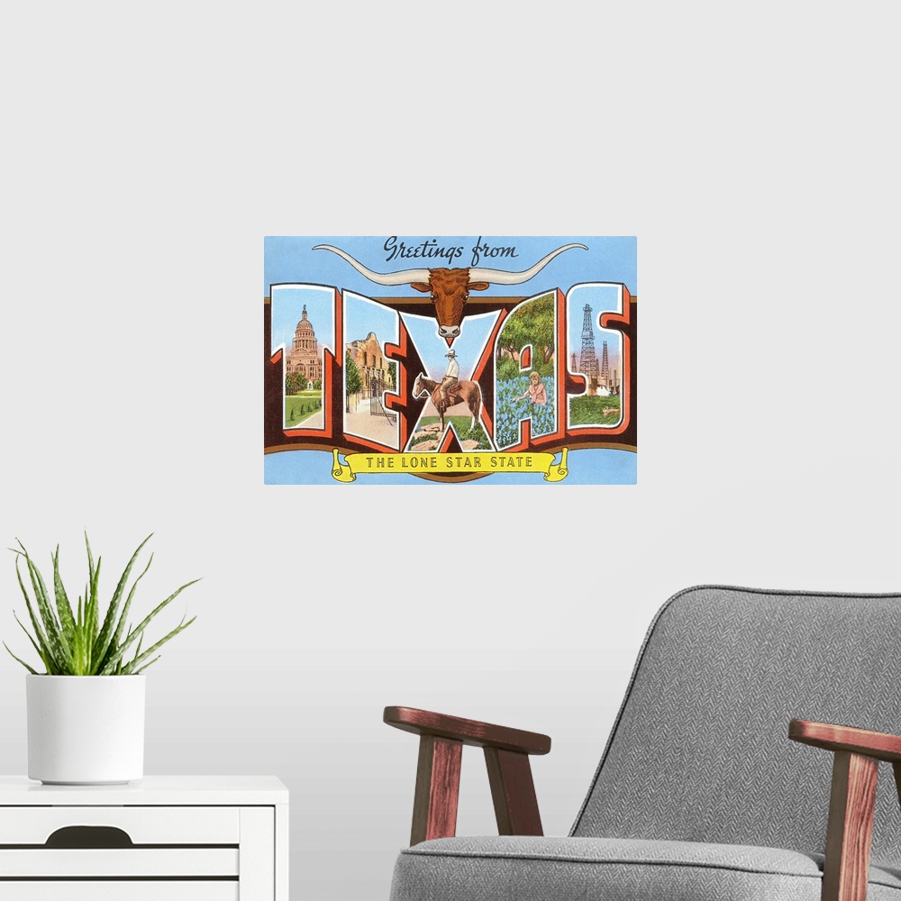 A modern room featuring Greetings from Texas, the Lone Star State, large letter vintage postcard
